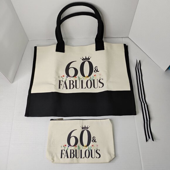 60 & Fabulous Canvas Tote Bag with Zipper Pouch & Ribbon – Black & Cream- NEW - Picture 5 of 16